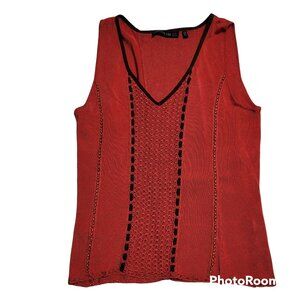Lafayette 148 Sweater Top Sleeveless Tank Red Rayon Knit Suede Trim Medium